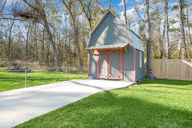 view of shed with a fenced backyard