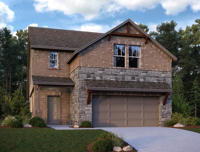 view of front of house with stone siding, a front lawn, and roof with shingles