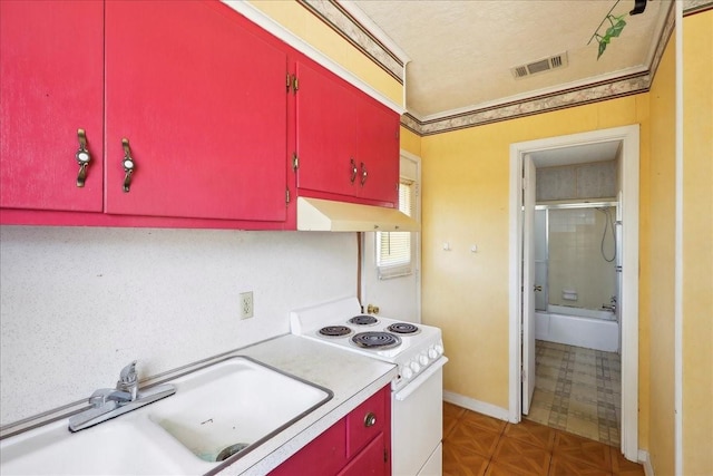 kitchen featuring under cabinet range hood, red cabinets, electric range, and a sink