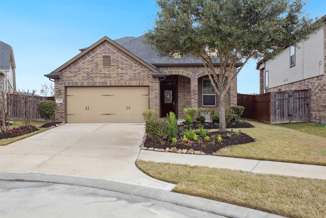 view of front of home featuring concrete driveway, brick siding, an attached garage, and fence