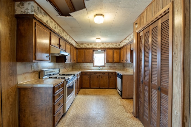 kitchen with range with gas stovetop, light countertops, a sink, under cabinet range hood, and dishwashing machine