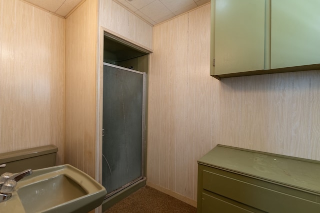 full bathroom with wooden walls, a sink, toilet, and a shower stall