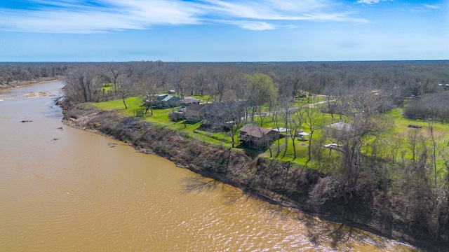 aerial view featuring a water view and a wooded view