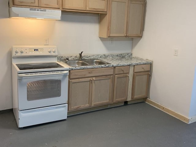 kitchen with electric stove, light countertops, a sink, under cabinet range hood, and baseboards