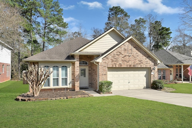 ranch-style house with a garage, a front yard, concrete driveway, and brick siding