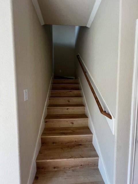 stairs featuring wood finished floors