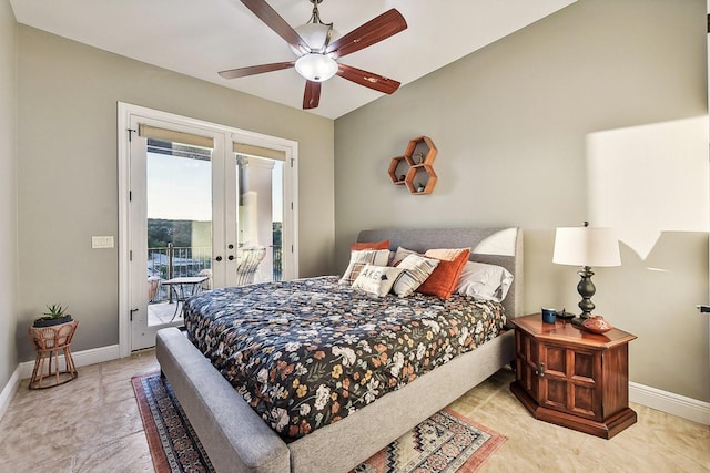 bedroom featuring ceiling fan, access to outside, french doors, and baseboards