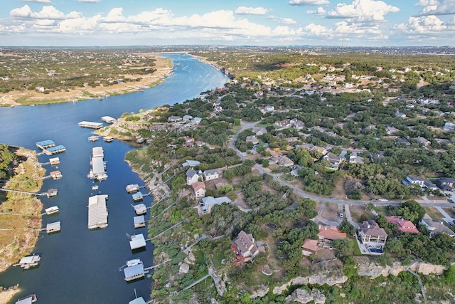 drone / aerial view featuring a water view