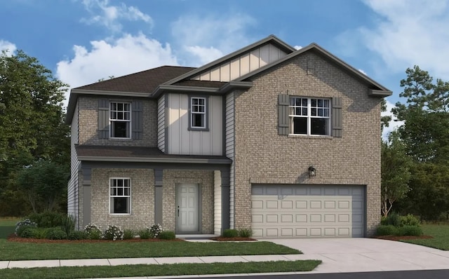 craftsman inspired home with board and batten siding, concrete driveway, brick siding, and a garage