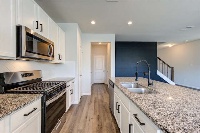 kitchen with stainless steel appliances, white cabinetry, a sink, and backsplash