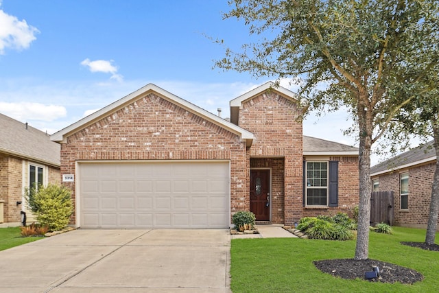 ranch-style house featuring a garage, driveway, and brick siding