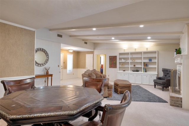 dining room featuring recessed lighting, carpet flooring, vaulted ceiling with beams, and visible vents