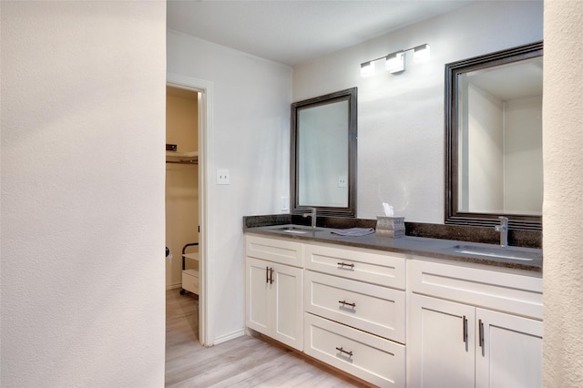 full bathroom featuring a walk in closet, double vanity, a sink, and wood finished floors