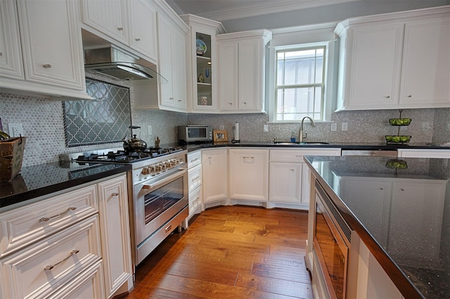 kitchen featuring under cabinet range hood, stainless steel appliances, a sink, white cabinetry, and light wood finished floors