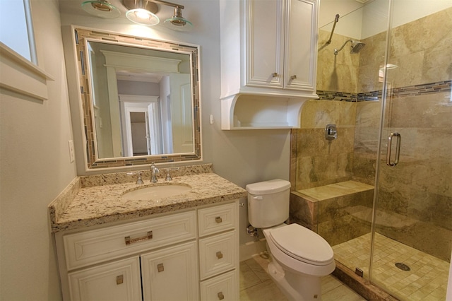 full bathroom with vanity, tile patterned flooring, a shower stall, and toilet