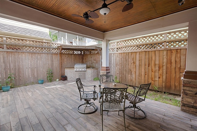 exterior space with area for grilling, ceiling fan, a fenced backyard, outdoor dining area, and exterior kitchen