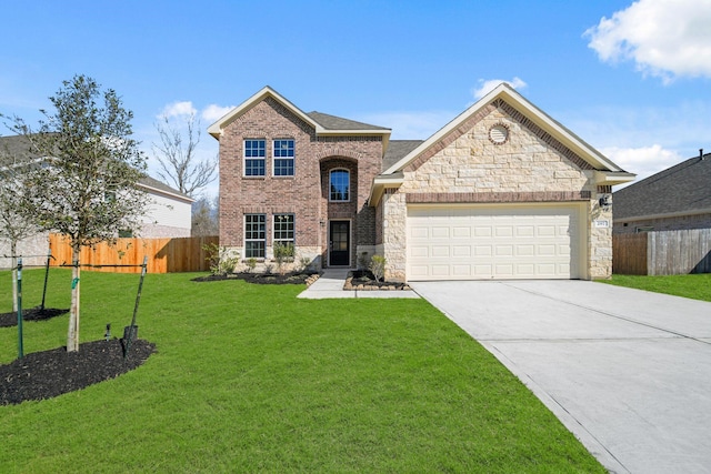 traditional-style home featuring a garage, brick siding, fence, and a front lawn