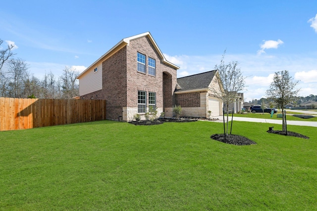 view of front of house featuring a garage, brick siding, fence, concrete driveway, and a front lawn