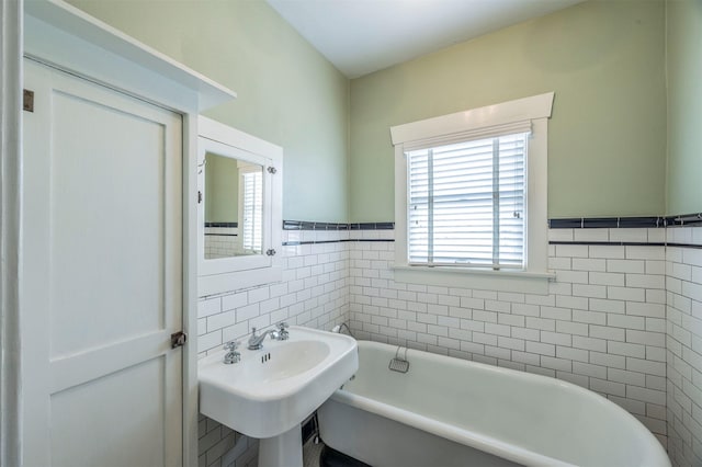 bathroom featuring a freestanding tub, wainscoting, a sink, and tile walls