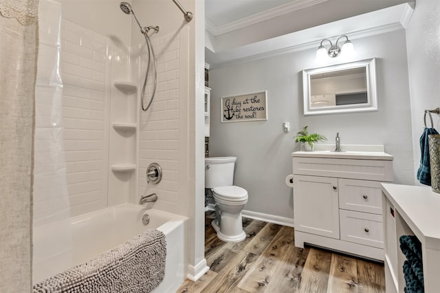 bathroom featuring toilet, ornamental molding, wood finished floors, shower / bath combination with curtain, and vanity