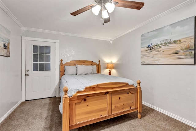 bedroom featuring a ceiling fan, carpet flooring, crown molding, and baseboards