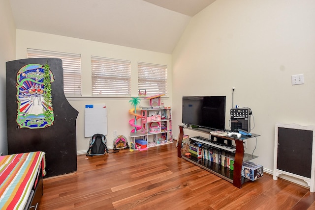 recreation room with lofted ceiling and wood finished floors