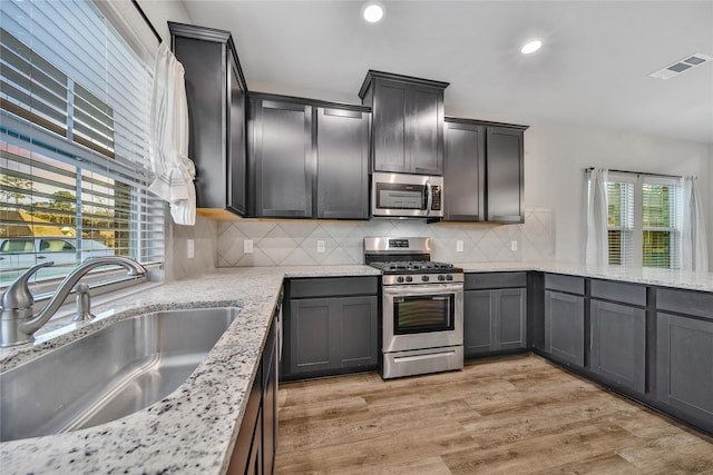 kitchen featuring visible vents, light wood-style flooring, appliances with stainless steel finishes, a sink, and backsplash