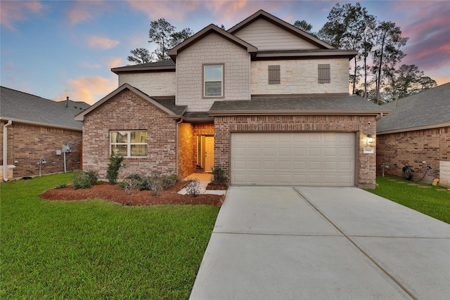 craftsman-style house featuring driveway, a garage, roof with shingles, a front yard, and brick siding