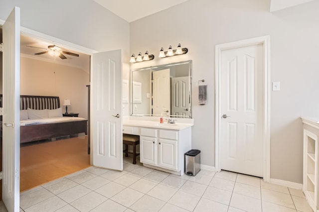 811 Piney Ridge Dr, Friendswood, TX 77546 - ensuite bathroom featuring tile patterned flooring, ceiling fan, and vanity