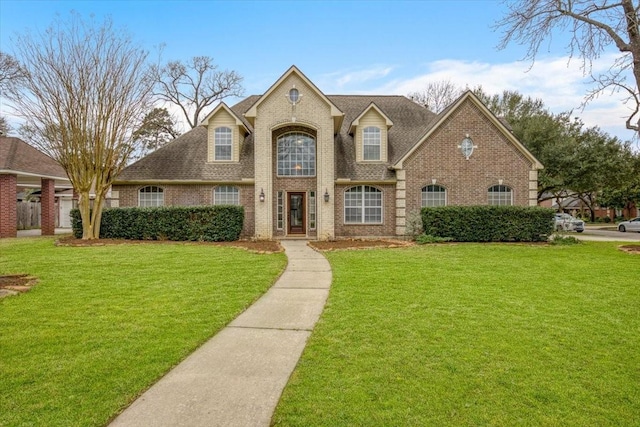 view of front of house with roof with shingles, a front yard, and brick siding