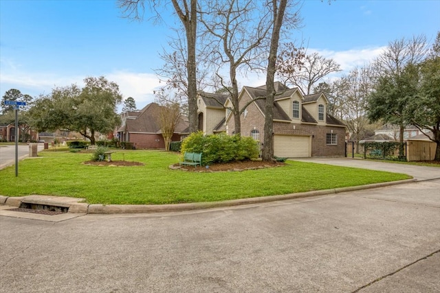 view of front of home featuring a garage, concrete driveway, brick siding, and a front lawn