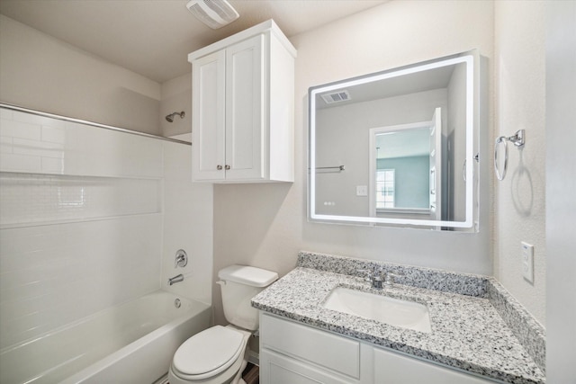 bathroom featuring tub / shower combination, visible vents, toilet, and vanity