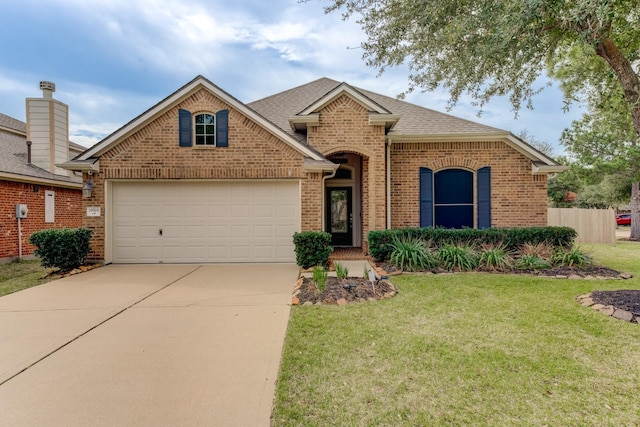 view of front facade featuring a garage, driveway, brick siding, and a front yard