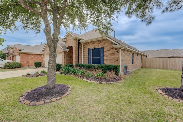 single story home with an attached garage, brick siding, fence, driveway, and a front lawn