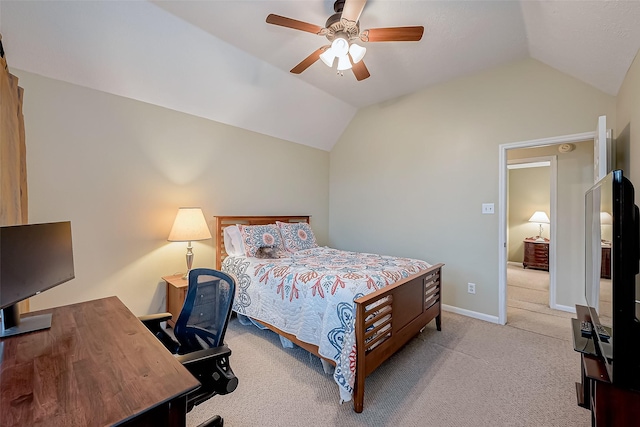 bedroom featuring lofted ceiling, a ceiling fan, baseboards, and carpet floors