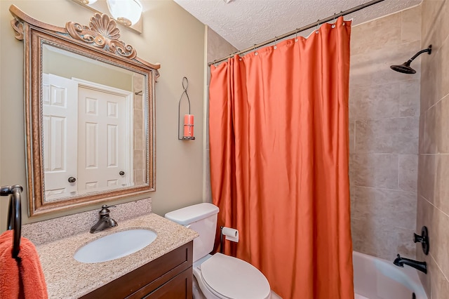 bathroom with a textured ceiling, toilet, vanity, and shower / tub combo