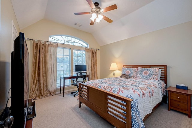 carpeted bedroom featuring visible vents, ceiling fan, and lofted ceiling