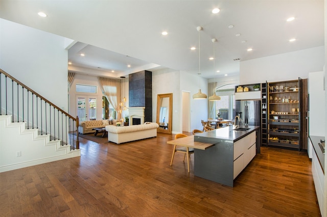 kitchen featuring a wealth of natural light, a fireplace, dark wood-style flooring, and a center island with sink