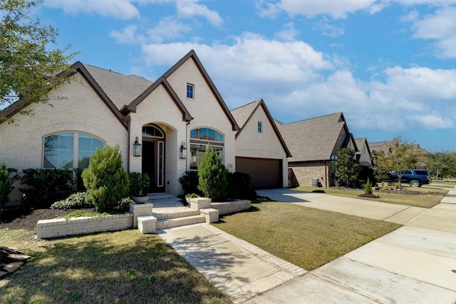 view of front facade featuring a front lawn, brick siding, driveway, and a shingled roof