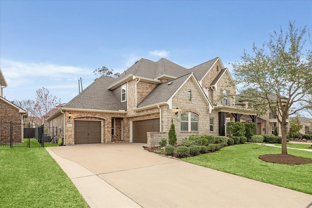 french country inspired facade with brick siding, a shingled roof, a front yard, fence, and a garage