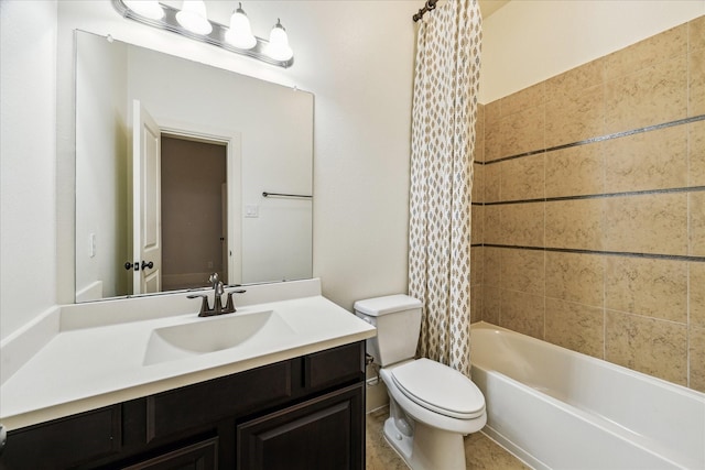 full bath with shower / tub combo, vanity, and toilet