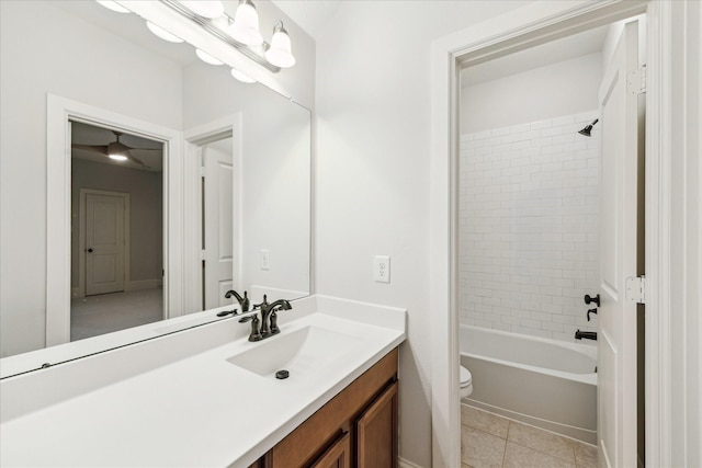 bathroom featuring bathing tub / shower combination, vanity, toilet, and tile patterned floors