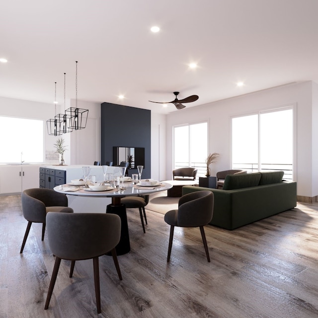 dining area featuring a ceiling fan, wood finished floors, and recessed lighting