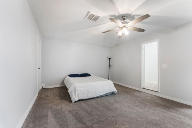 bedroom featuring baseboards, visible vents, ceiling fan, and carpet flooring