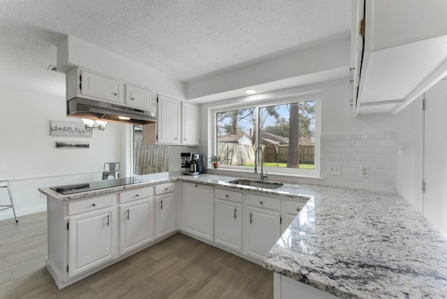 kitchen featuring a peninsula, black electric stovetop, light wood-type flooring, under cabinet range hood, and a sink