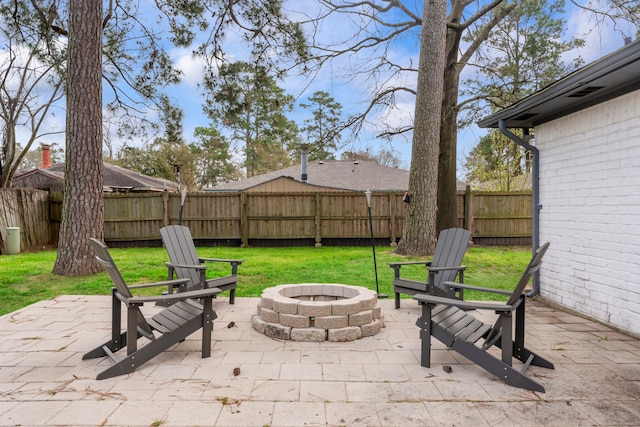 view of patio featuring an outdoor fire pit and a fenced backyard