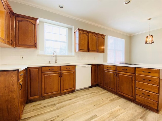 kitchen featuring white dishwasher, a peninsula, a sink, light wood-style floors, and brown cabinets