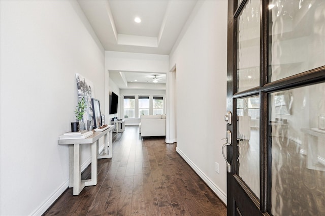 foyer entrance featuring dark wood-style floors, baseboards, a tray ceiling, and a ceiling fan