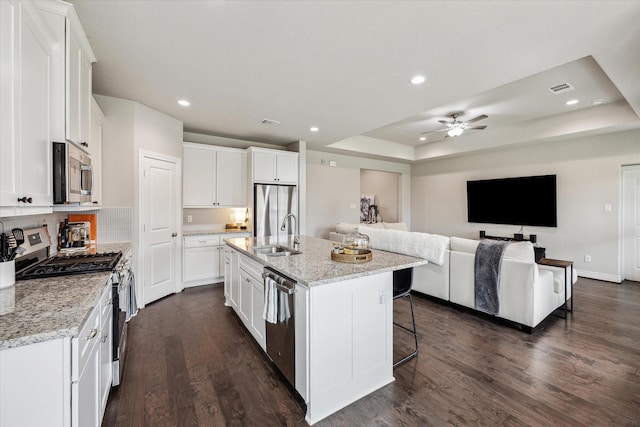 kitchen featuring dark wood-style floors, stainless steel appliances, a raised ceiling, white cabinets, and a sink