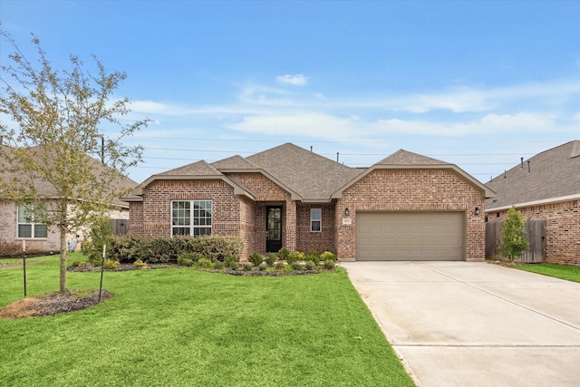 single story home featuring brick siding, a shingled roof, an attached garage, a front yard, and driveway